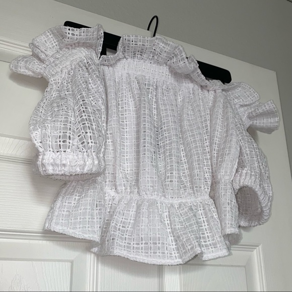 Express Off Shoulder Ruffle Eyelet Lace Top - Picture 2 of 6